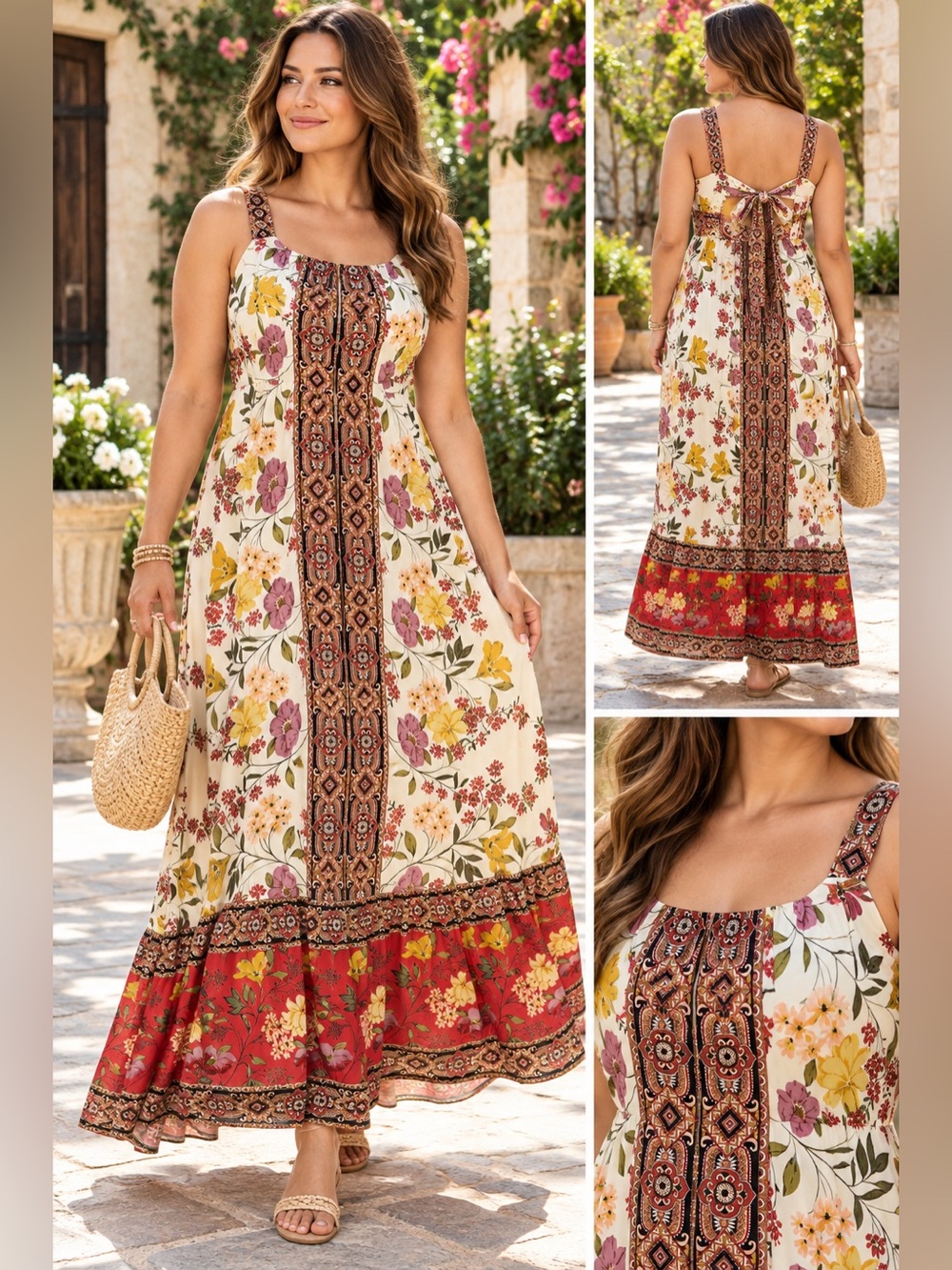 MSK Maxi Dress M Floral Border Print Boho Rayon Tie Back Resort Vocation Cruise